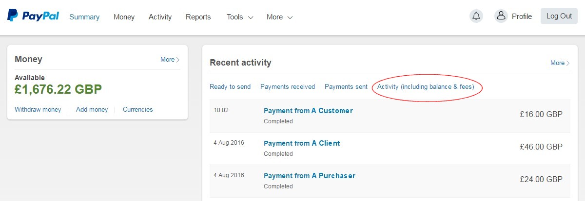 PayPal recent activity table