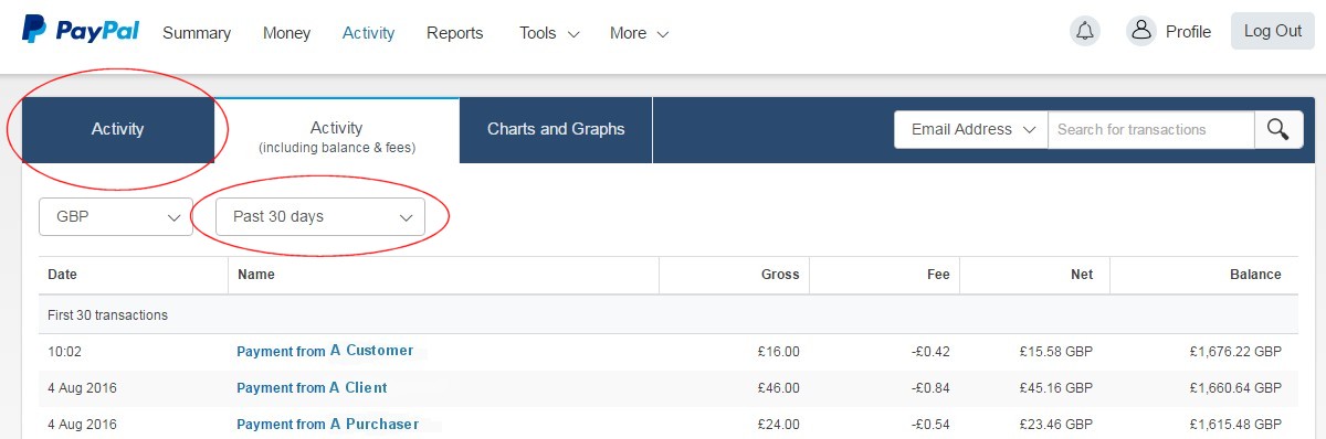 PayPal recent activity table detailed