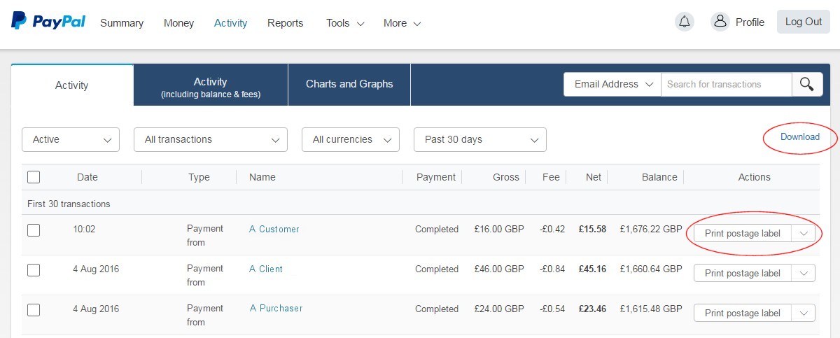PayPal recent activity table plus actions