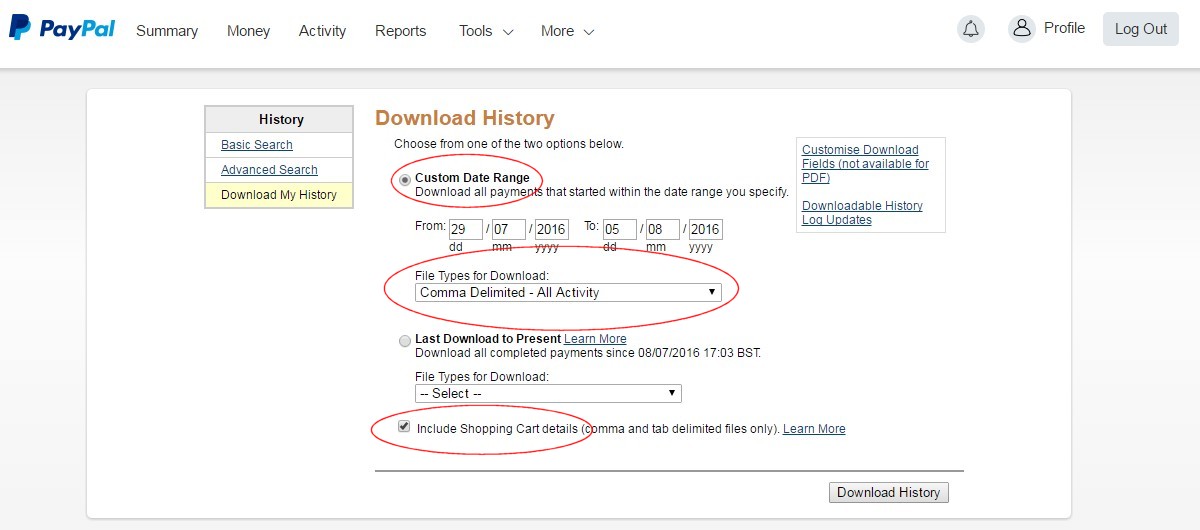 PayPal recent activity downloads